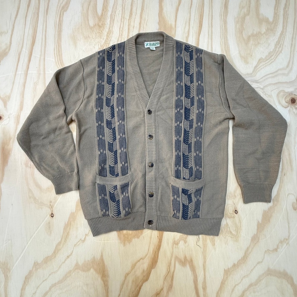 Haband Mens Vintage Cardigan Sweater‎ Large Taupe Navy Geometric Pattern V-Neck